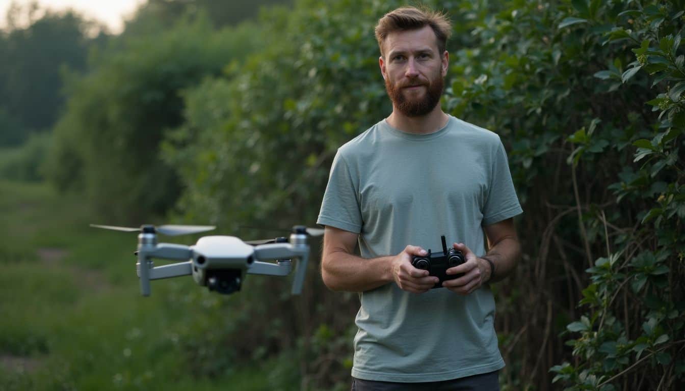 A man flying a DJI drone outdoors while holding a remote control in a lush, green natural setting.