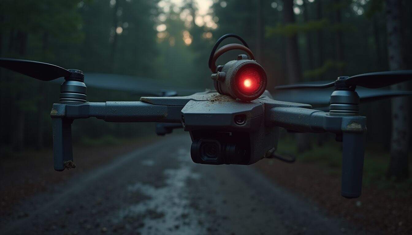 Aerial view of a drone with a camera and a red light, flying through a forested area at dusk, showcasing advanced drone technology and aerial photography capabilities.