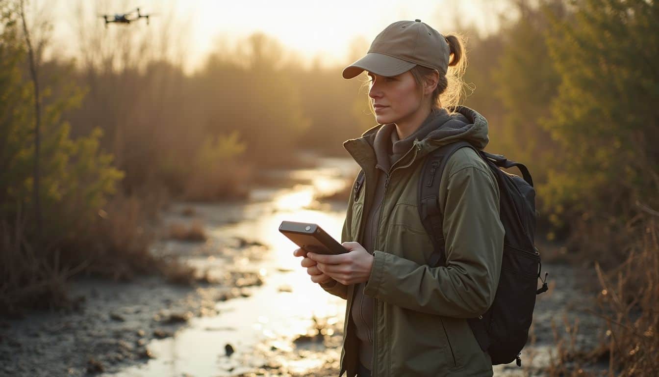 Wireless drone flying woman outdoors in nature, capturing scenic views with high-tech drone technology. Perfect for adventure, photography, and outdoor tech enthusiasts.