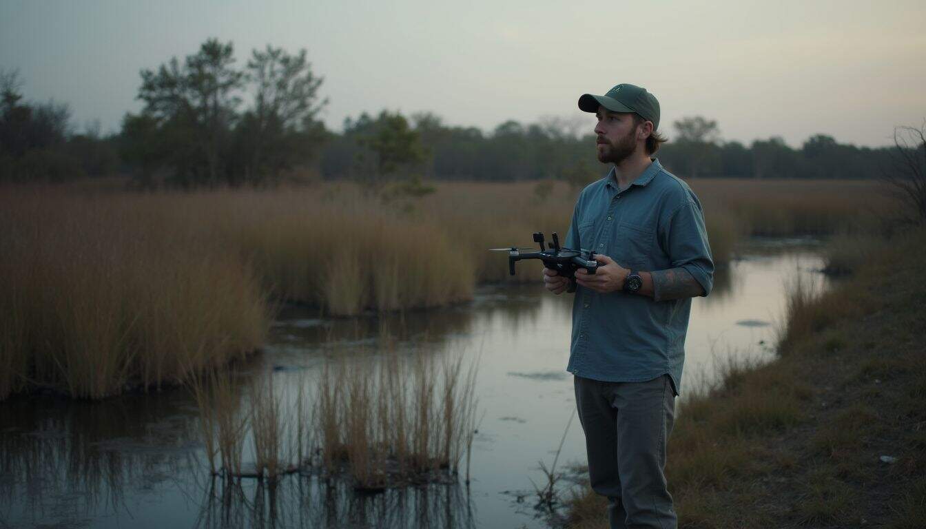 Drone operator in outdoor wetland setting, holding drone controller, preparing for flight at dusk, in nature.
