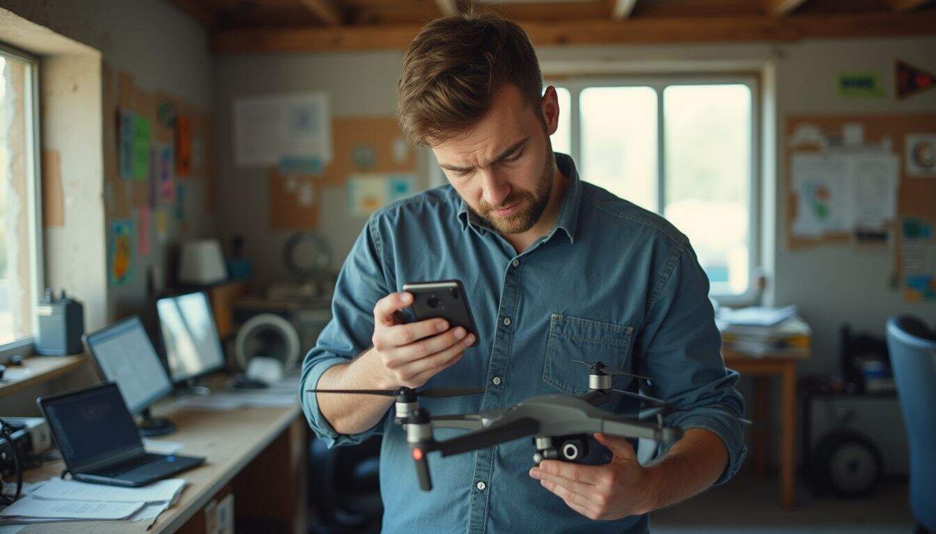 Aerial drone technician with a smartphone testing a DJI drone in a modern workspace with multiple monitors and technical equipment.