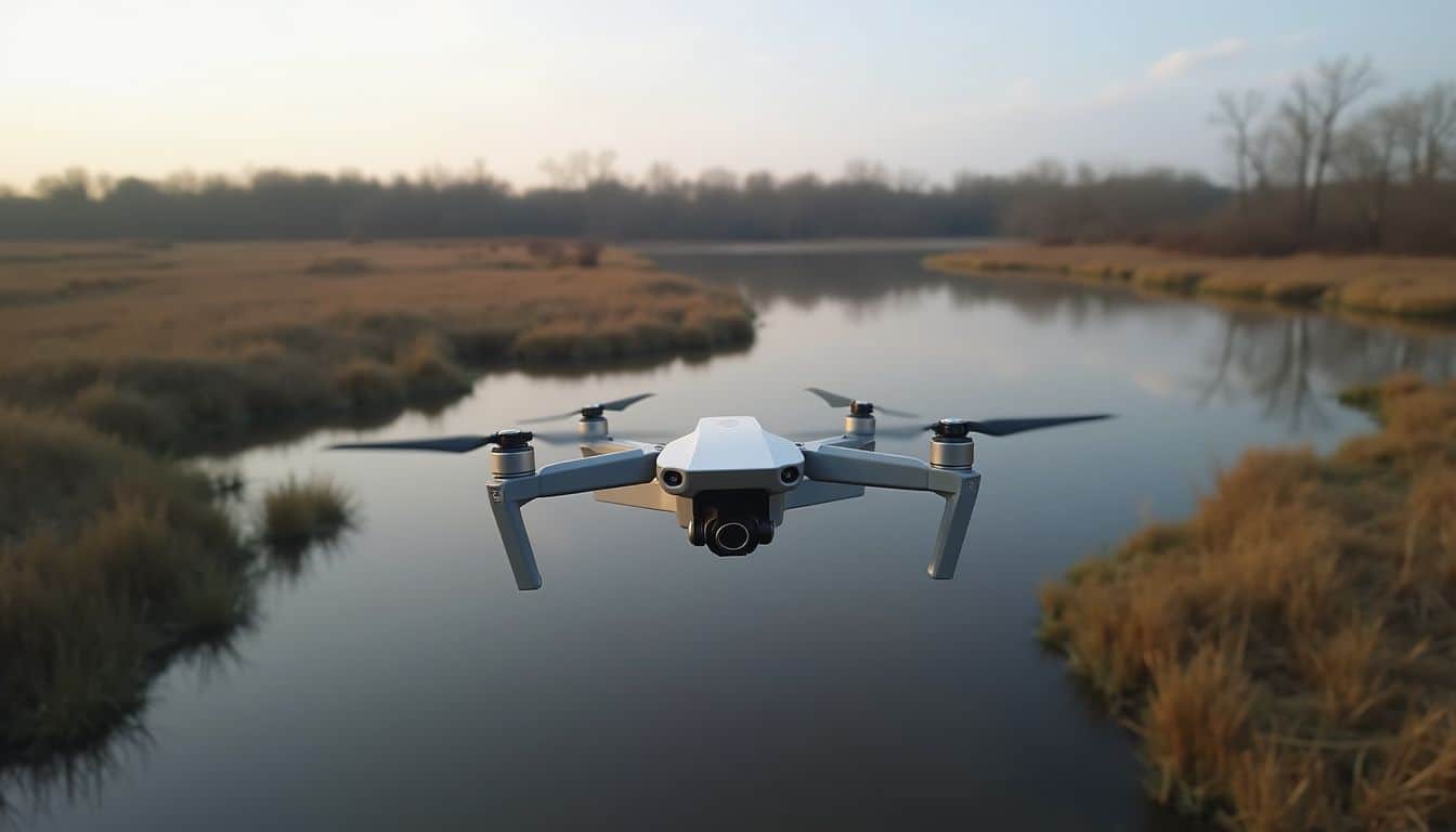 High-quality drone flying over a river during sunset, capturing scenic landscape, perfect for aerial photography and videography enthusiasts, ideal for outdoor adventures and nature exploration.