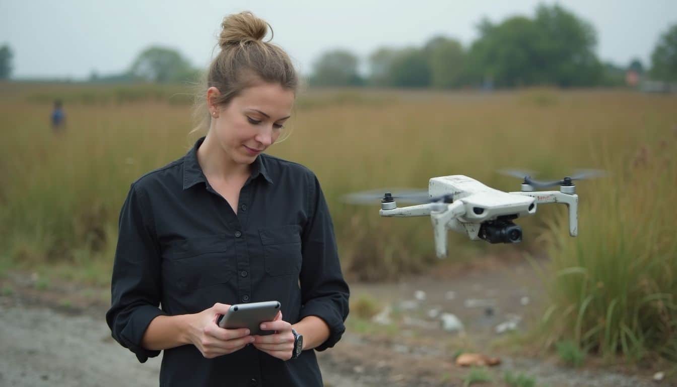 High-resolution drone flying outdoors, woman controlling drone with smartphone in a natural grassy field, showcasing modern technology, aerial photography, and hobby drone use for tech enthusiasts.