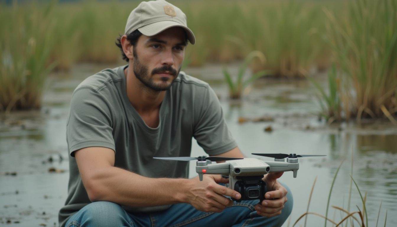 Drone photography in nature, capturing outdoor adventures with a man holding a quadcopter drone in a wetlands area, emphasizing drone technology and outdoor exploration.