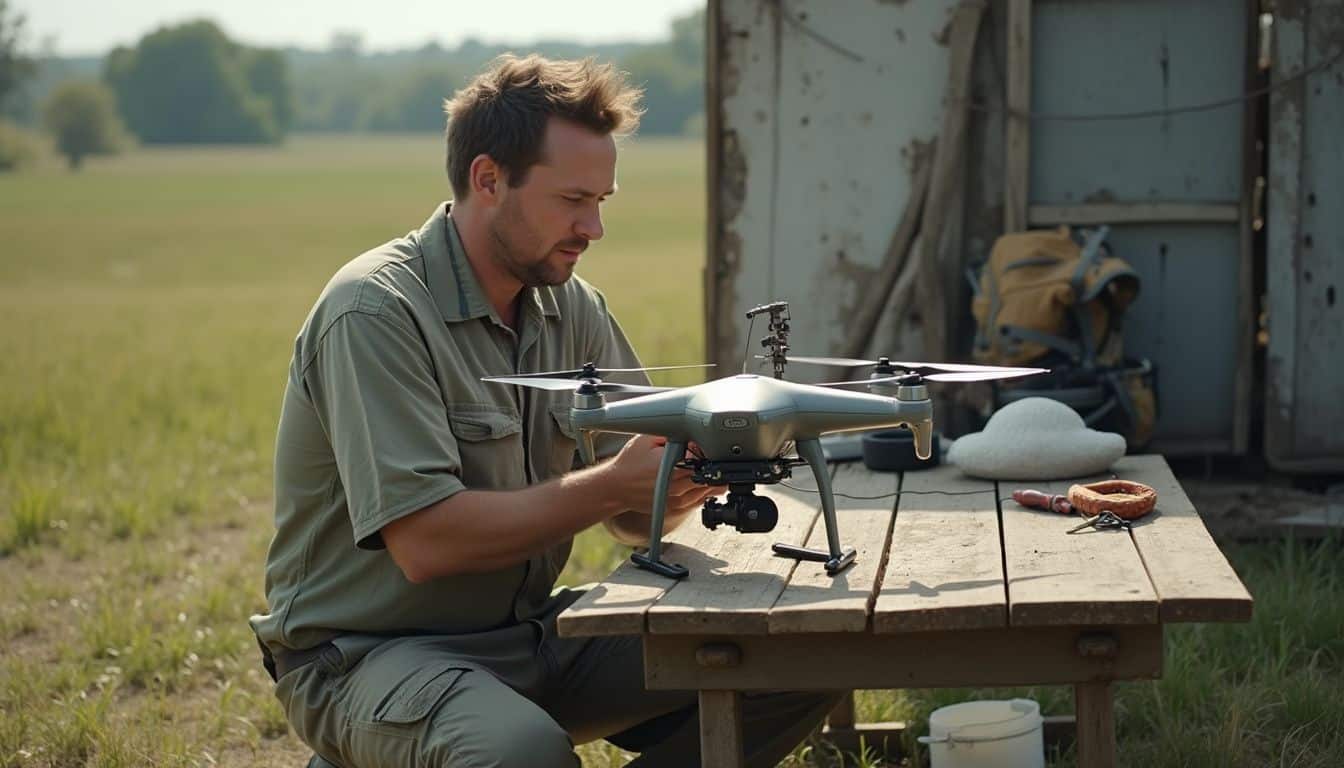 A man inspecting a drone on a wooden table outdoors in a rural setting.