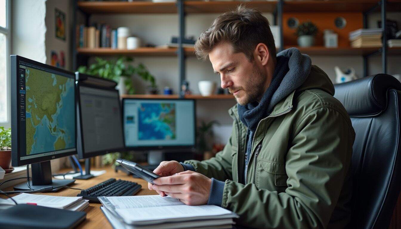 Laptop user reviewing world map data on dual monitors in a home office environment.