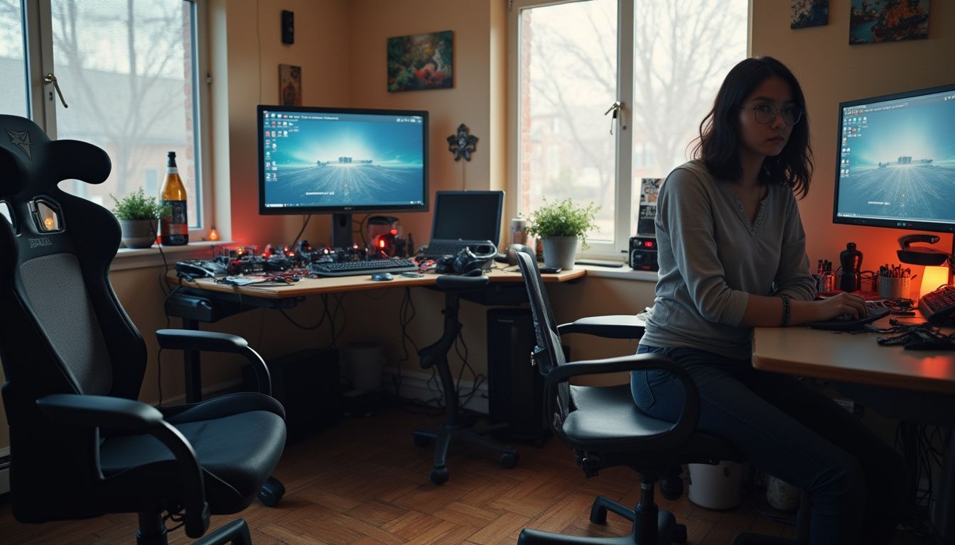 A snapshot of two gaming desks showcases contrasting organization levels in a comfortable, lived-in room. Dual monitor gaming setup with ergonomic office chair and gaming peripherals in a cozy home office.
