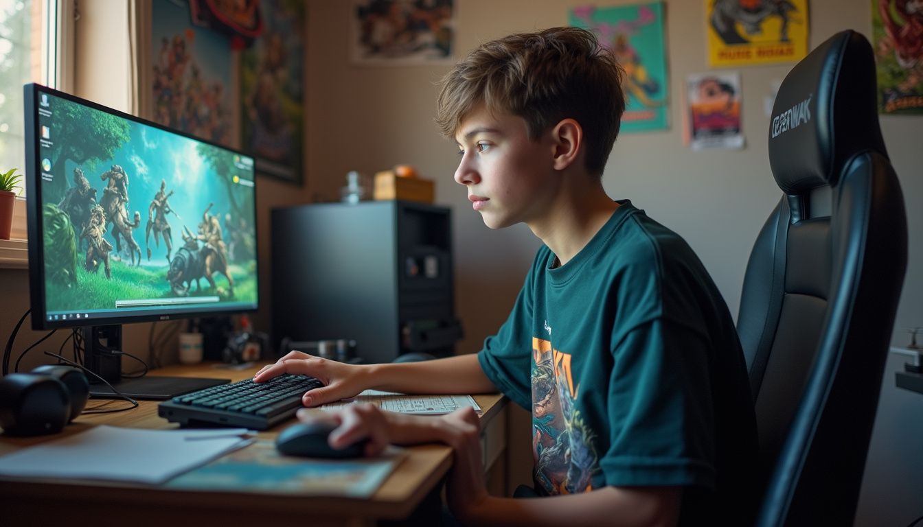 A teenage boy enjoys gaming and chatting with friends at his cluttered bedroom desk, surrounded by video game posters. Computer gaming setup with a young boy playing an animated fantasy game on a desktop monitor in a personal gaming room.