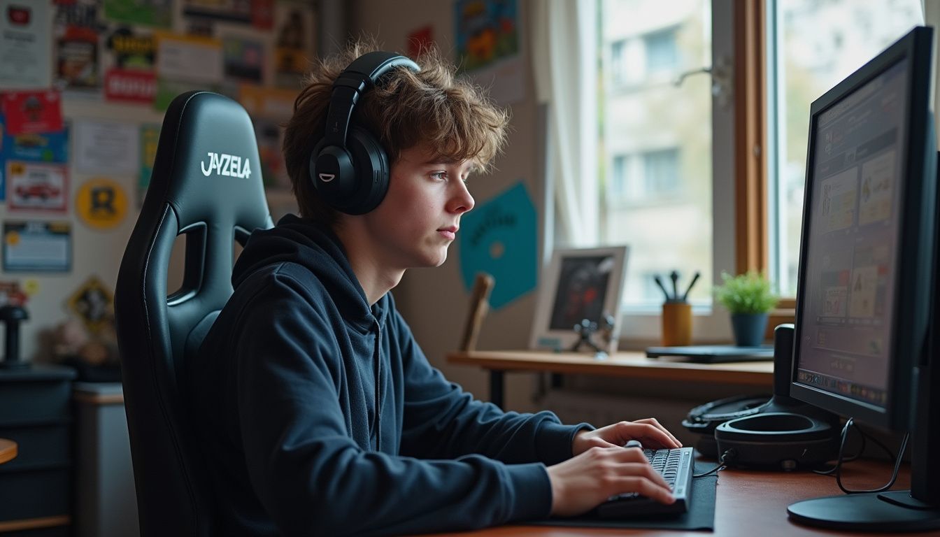 A teenage boy sits at his cluttered computer desk, absorbed in his game amidst personal decorations and posters. High-performance gaming setup with a young male gamer wearing headphones, focused on a computer screen in a well-lit room with gaming and pop culture posters on the wall.