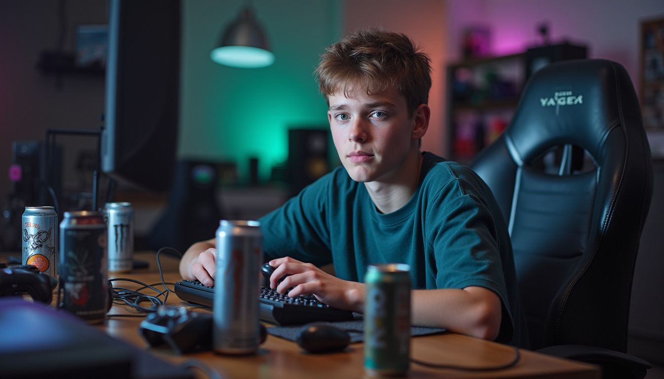 A teenage boy sits at a messy desk, casually playing video games among scattered controllers and energy drink cans. Energy drink cans on gaming desk with teenage gamer in gaming room gaming setup gaming lifestyle for SEO.