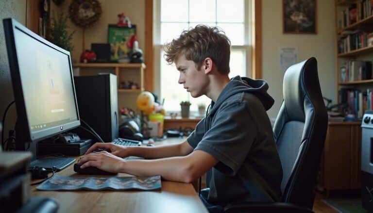Young male teenager focused on computer game or work at home, seated at desk in a cozy, cluttered room with bookshelf and window.