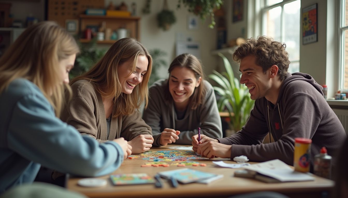 A group of friends enjoys a casual board game night around a cluttered table, showcasing genuine interactions. A group of friends enjoys a casual board game night around a cluttered table, showcasing genuine interactions.