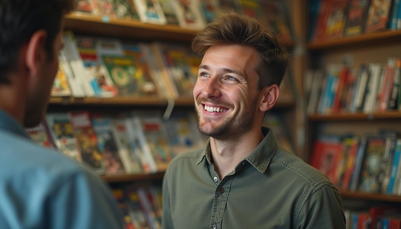 A young guy smiles mid-conversation in a cozy, slightly cluttered comic book shop filled with well-loved comics. A young guy smiles mid-conversation in a cozy, slightly cluttered comic book shop filled with well-loved comics.