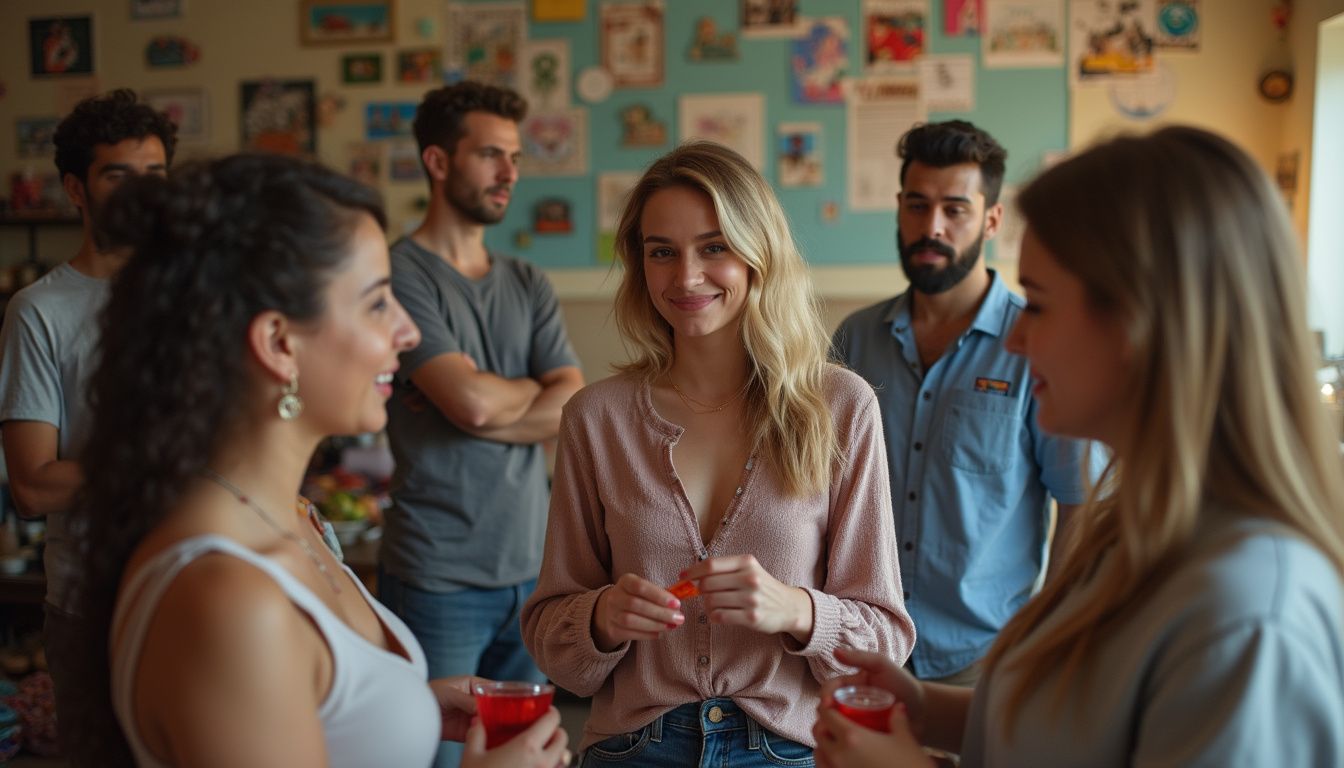 A woman enjoys a casual conversation with friends in a vibrant, cluttered living room during a relaxed gathering. A woman enjoys a casual conversation with friends in a vibrant, cluttered living room during a relaxed gathering.
