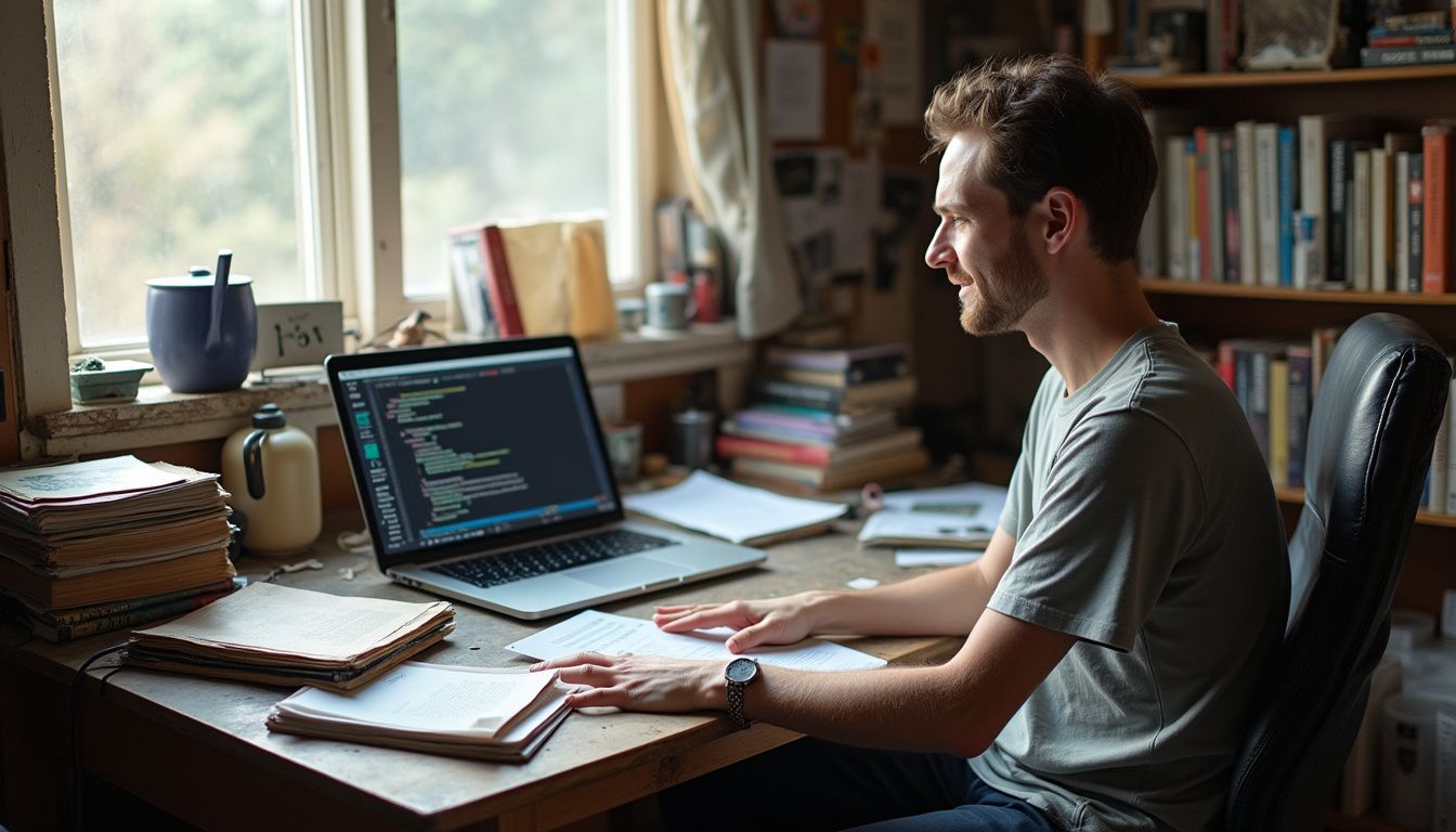 A cluttered desk in a modest bedroom features a laptop, scattered papers, books, and a partially set up Dungeons & Dragons game. A cluttered desk in a modest bedroom features a laptop, scattered papers, books, and a partially set up Dungeons & Dragons game.