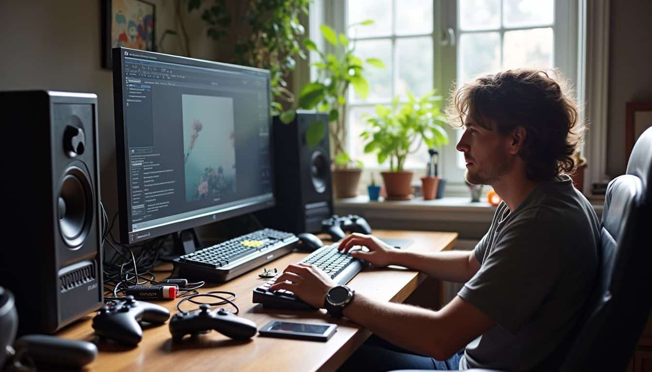 A casual gaming desk cluttered with controllers and gadgets, reflecting a lived-in, everyday atmosphere. Photographer working on digital art at a home studio with dual monitors and gaming equipment.
