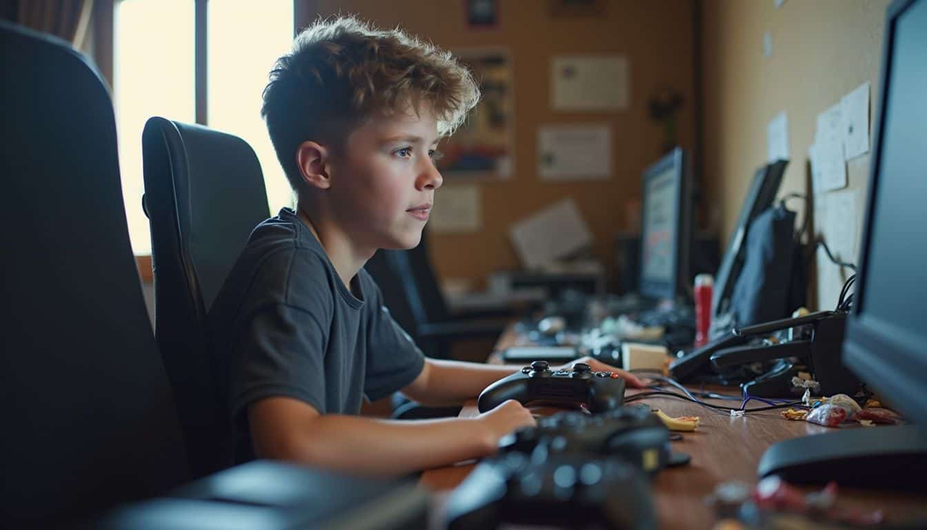 A young adult chats on Discord at a messy desk filled with gaming consoles and snacks. Young boy concentrating on gaming at a computer desk with multiple monitors and gaming controllers, emphasizing gaming setup and technology use.