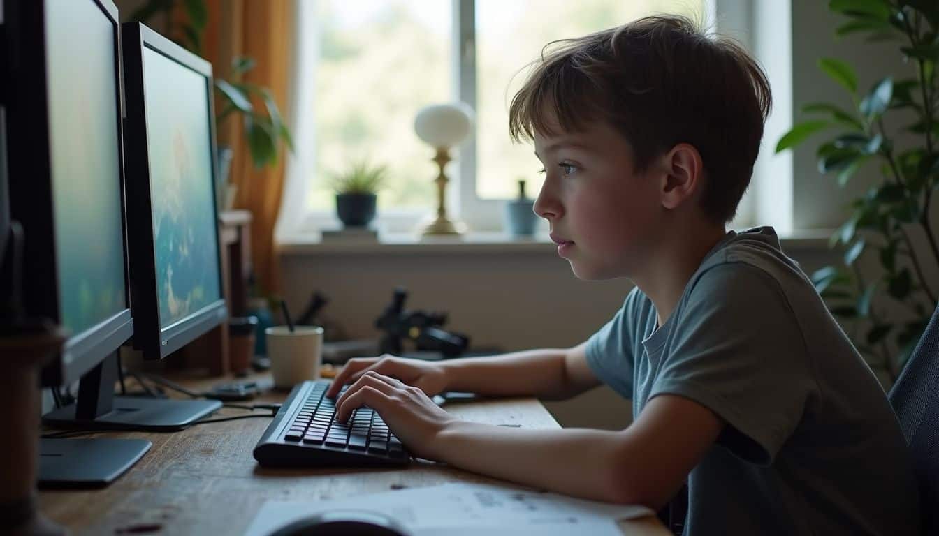 A teenage boy sits at a messy desk, focused on his computer game while practicing stress-relief techniques. Child using a computer for gaming or study at home, sitting at a wooden desk with monitors, keyboard, and natural light from the window.
