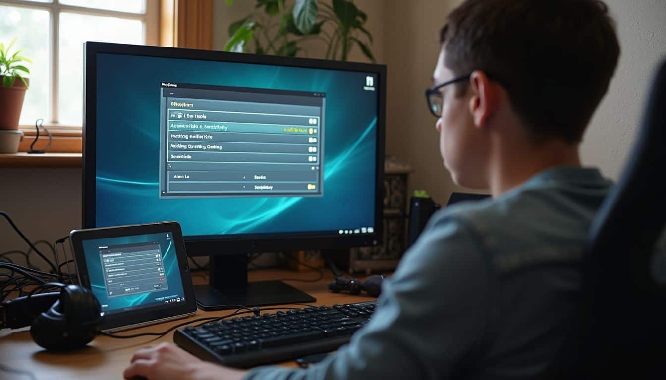 A casual gaming corner features a console, training apps, a headset, and a relaxed person focused on the screen. High-performance gaming setup with dual monitors, tablet, and gaming accessories on a wooden desk for optimal gaming performance and productivity.