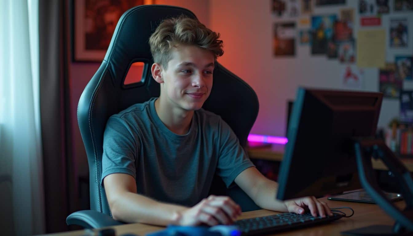 A young man sits comfortably in a gaming chair, surrounded by everyday gaming items in a casual, lived-in room. High-performance gaming setup with a young male gamer using a desktop computer in a well-lit gaming room.