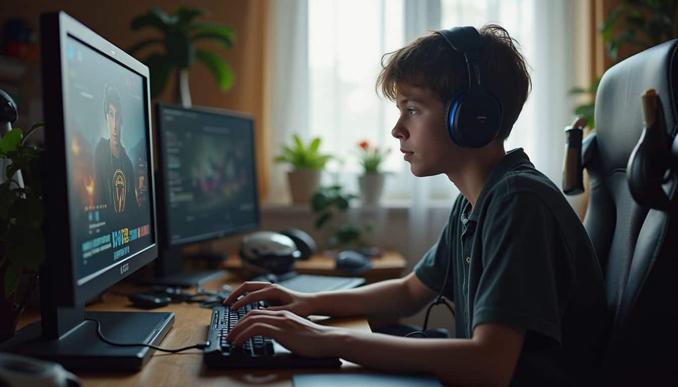 A teenage boy is absorbed in gaming on his laptop in a casual, cluttered room. High-performance gaming setup with dual monitors, gaming keyboard, headset, and ergonomic chair for optimal gaming experience and streaming.