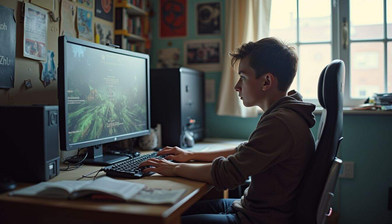 A teenage boy casually sits at his cluttered desk, watching a gaming tutorial on his computer. Teen boy gaming on a desktop computer in a cozy, personalized room filled with posters and books, highlighting gaming setups and youth gaming culture.