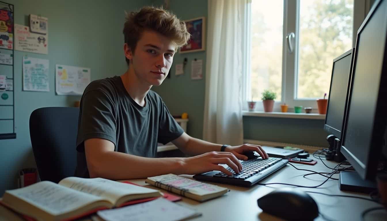 A young man casually sits at a cluttered desk, focused on his mouse amidst gaming notes and an open notebook. Young man working at a desk with dual monitors, surrounded by notebooks and a computer mouse in a bright, cozy room with large windows and potted plants, emphasizing gaming, tech, and productivity essentials.