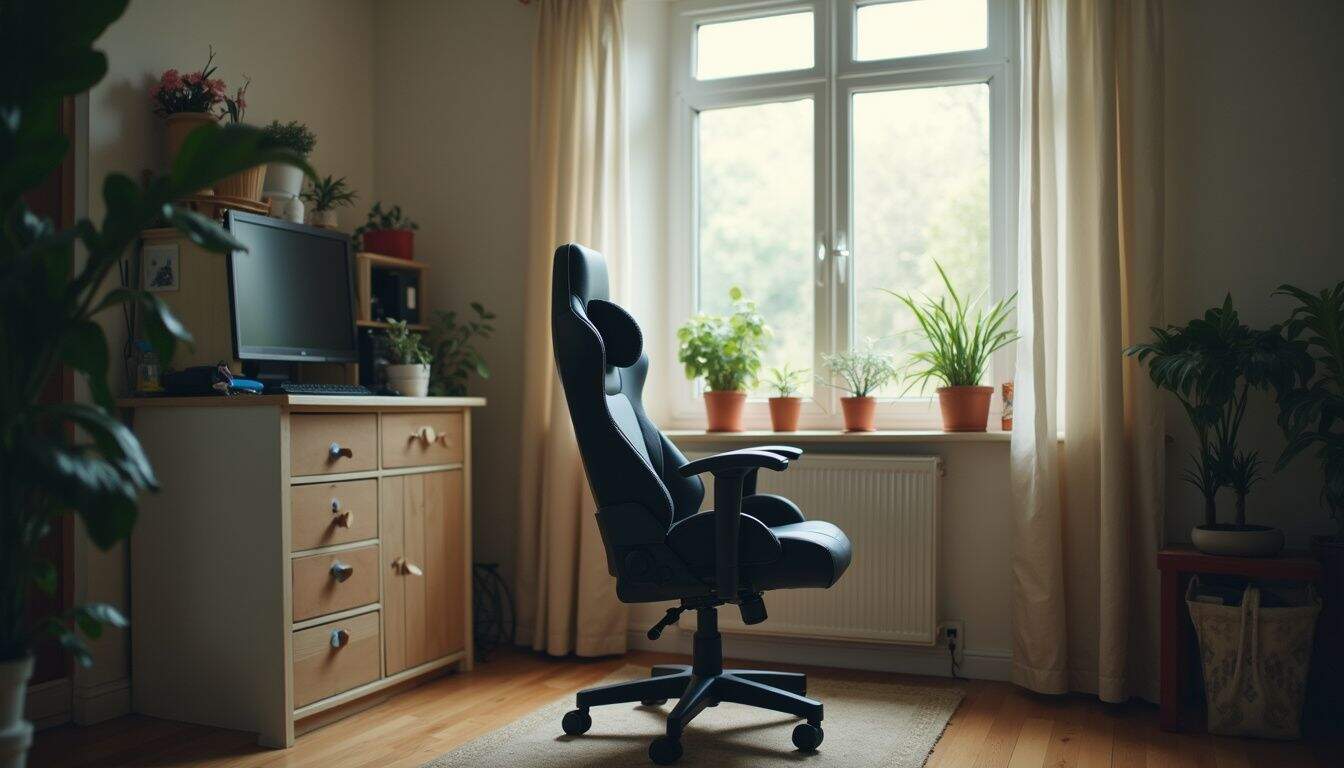 A casual gaming chair sits amidst plants and home clutter, with a relaxed person nearby in a lived-in room. Comfortable home office setup with ergonomic office chair, wooden desk, and natural light from window, green houseplants, cozy living space, productivity, workspace, interior design, modern office furniture, home workspace.