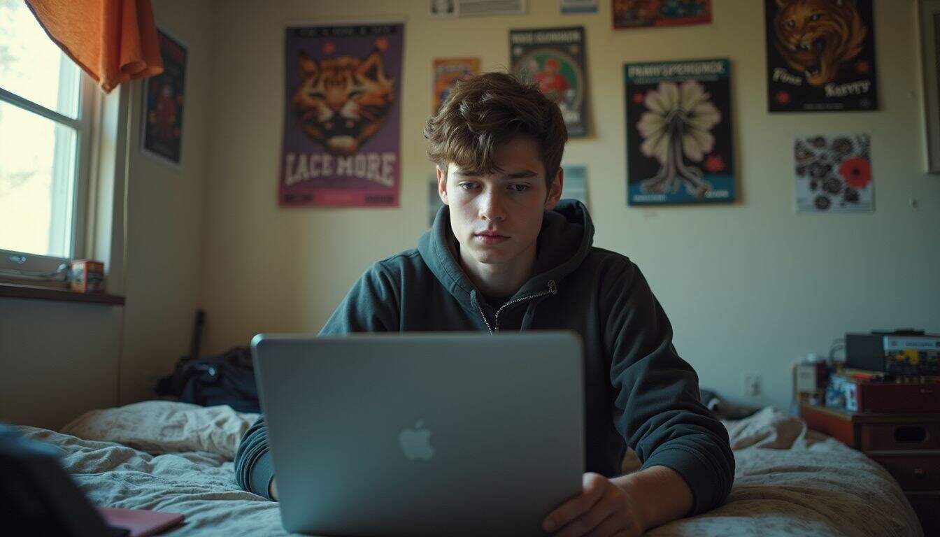 A teenage boy casually relaxes in his cluttered bedroom while taking a break from gaming and watching videos. Youth teenager using laptop at home with posters on the wall for gaming, tech, and pop culture.