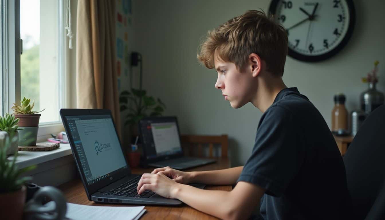 A teenage boy casually works on his laptop at a cluttered desk in a lived-in room. Young male teenager focused on laptop in a cozy home workspace.