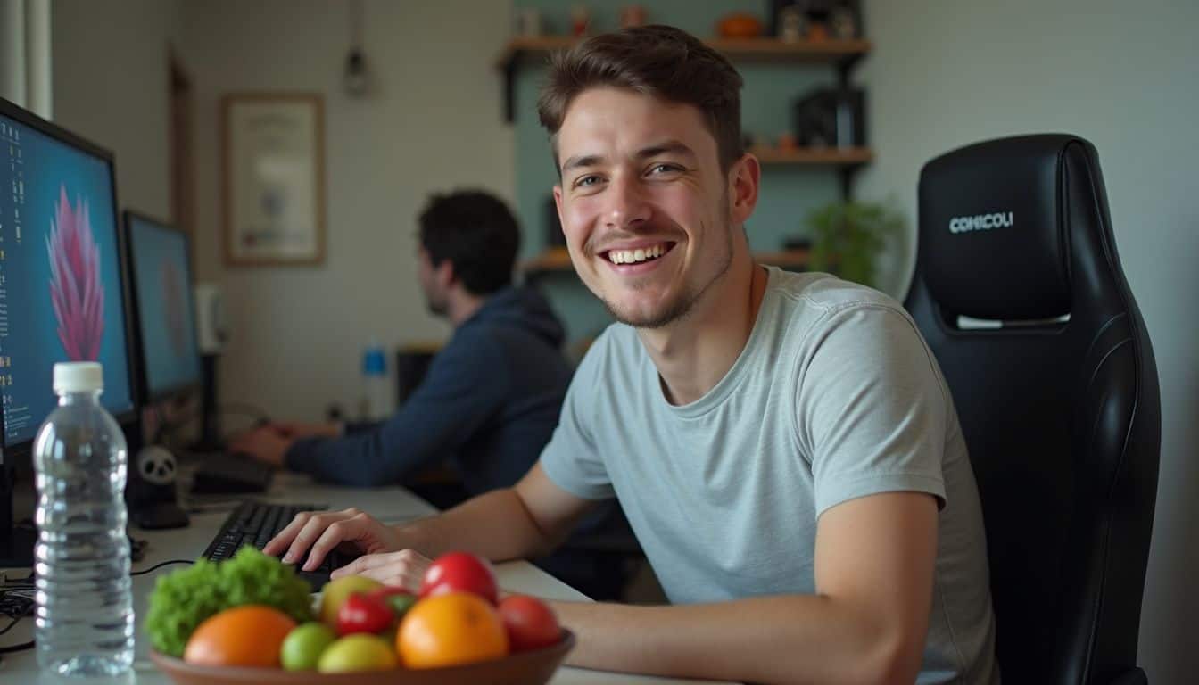 A young man sits casually at a cluttered gaming setup with fruits and vegetables nearby. Smiling young man working at computer with snacks on desk, modern workspace, tech setup, casual office environment, geek culture.