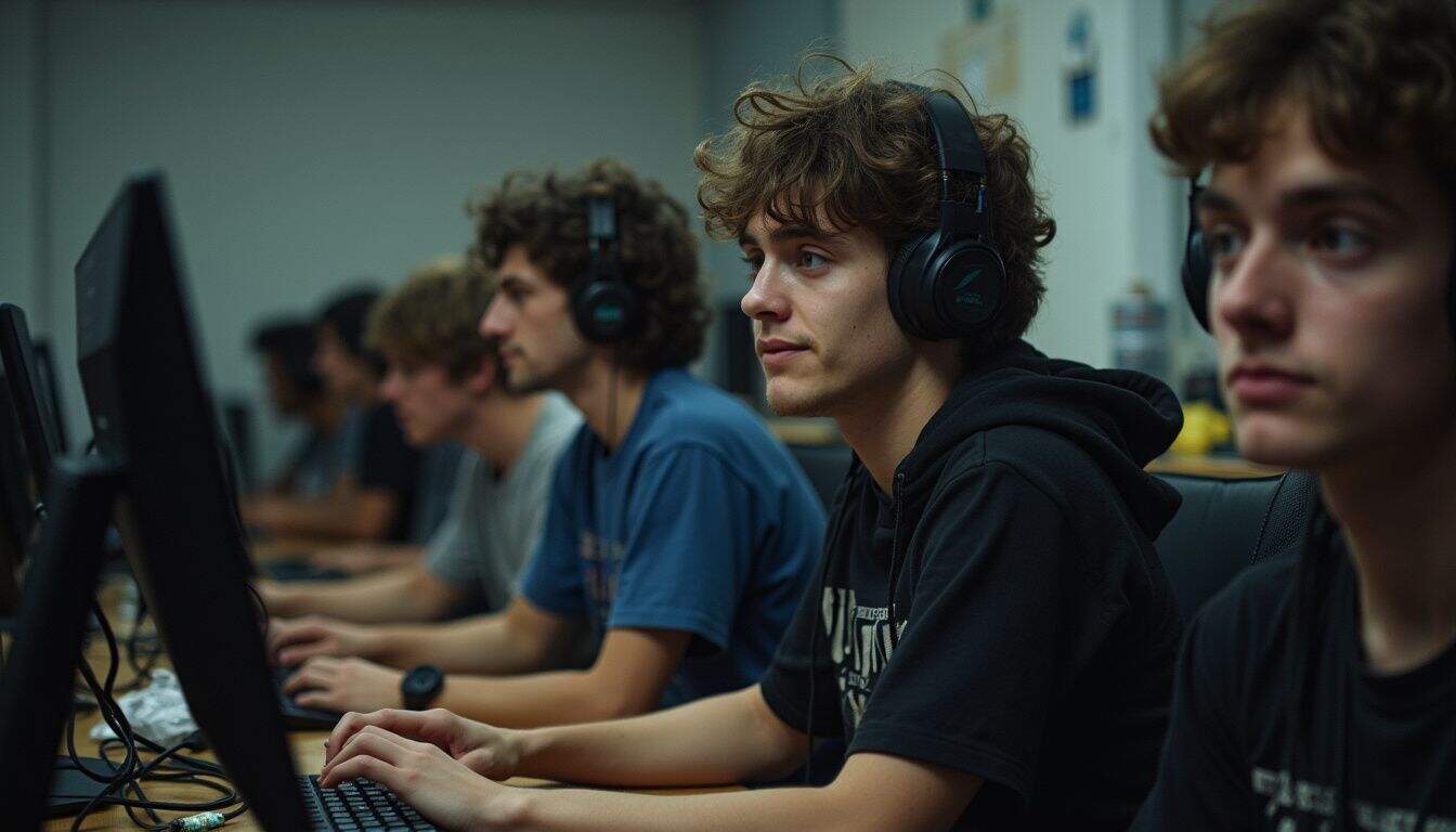 A candid snapshot of college esports players casually practicing in a cluttered gaming room filled with setups and snacks. Gaming enthusiasts playing on desktop computers with headsets, focused on gameplay, in a tech-focused environment.