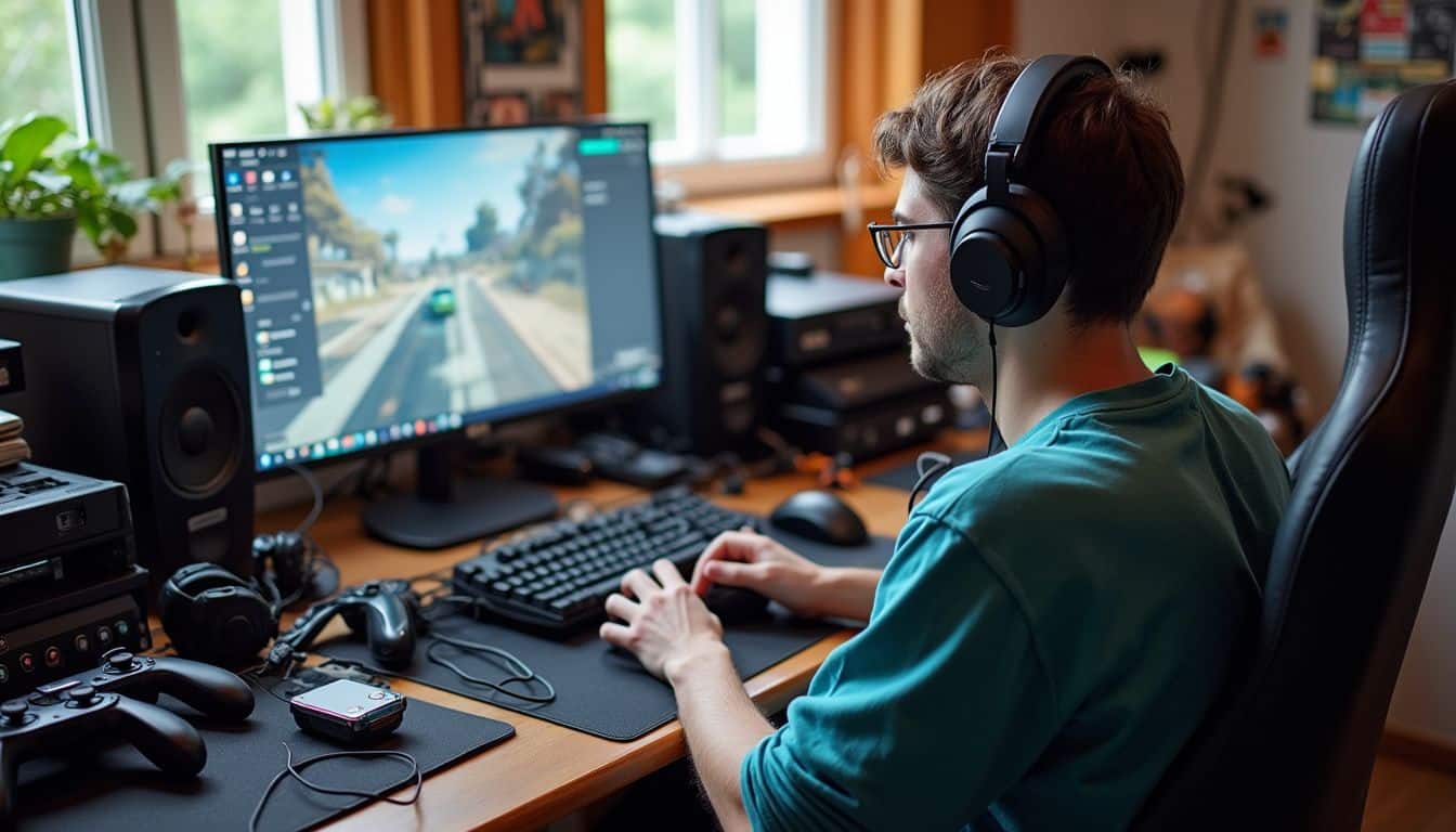 A casual gaming setup with scattered gear and a relaxed person nearby, reflecting everyday use and comfort. High-quality gaming setup with a large monitor, gaming peripherals, and headphones for immersive gameplay and streaming experiences.