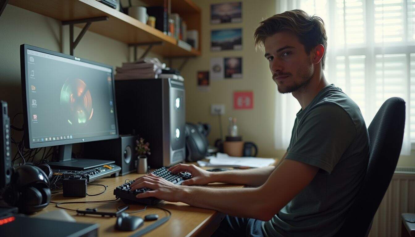 A relaxed guy in casual clothes sits at a messy desk with a gaming PC and scattered accessories. Wireless gaming setup with high-performance desktop computer and RGB monitor for optimum gaming experience.