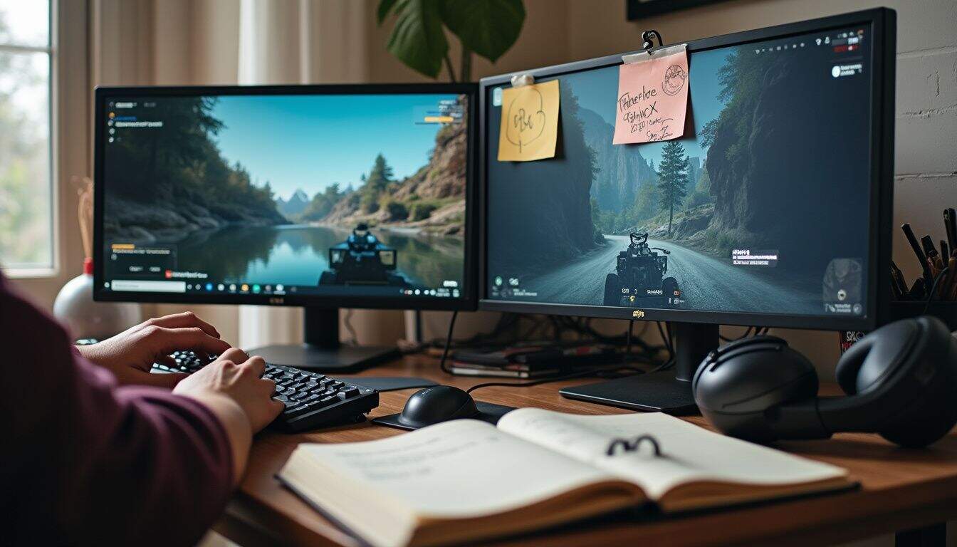 A cluttered desk with dual monitors displays gameplay footage, surrounded by notes and gaming headphones. Dual monitor gaming setup for optimal gaming experience and multitasking. High-resolution screens display immersive landscapes and gameplay. Includes gaming accessories and notes for efficient workflow.