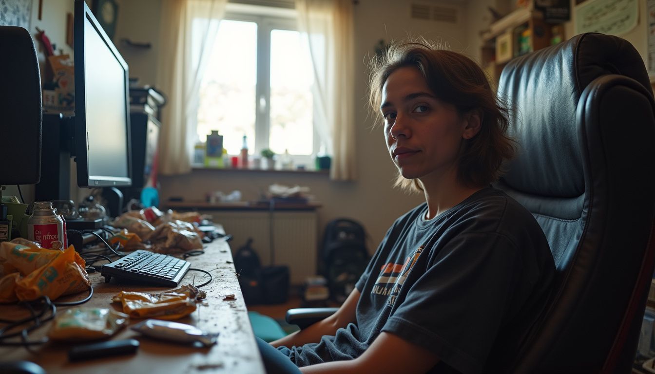 A relaxed gamer occupies a cluttered corner filled with snacks, drinks, and cables in a lived-in space. A relaxed gamer occupies a cluttered corner filled with snacks, drinks, and cables in a lived-in space.