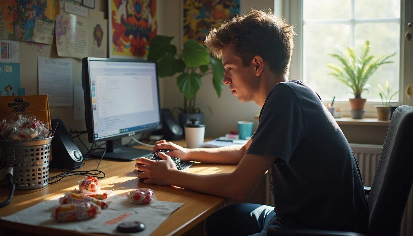 A young man in his 20s is intensely focused on playing video games at a cluttered desk. Young male gamer working on a computer at home, focused on gaming or digital content creation, with natural sunlight, potted plants, and creative wall art in the background.