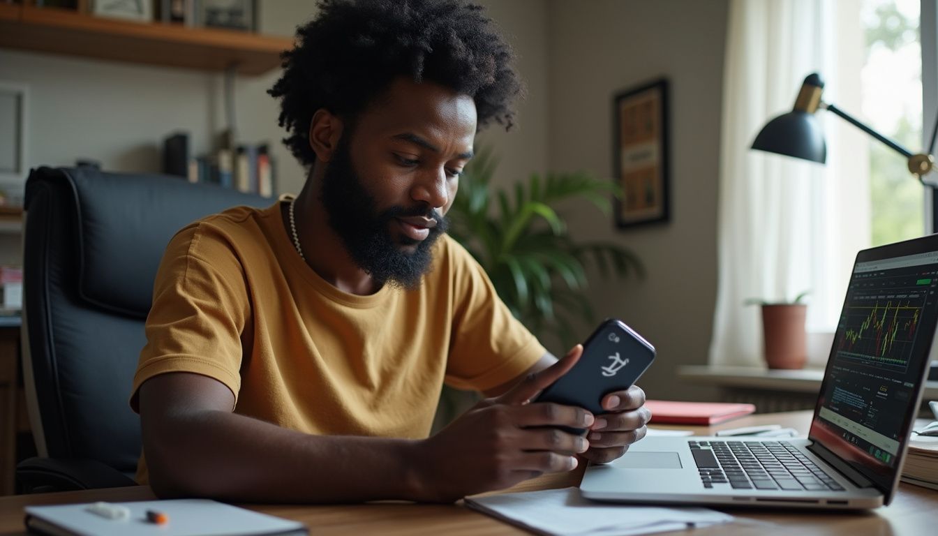 A person sits at a desk, casually holding a Trezor Model T hardware wallet amidst a cluttered workspace. Stock trading and financial analysis on a laptop with smartphone in a modern home office.