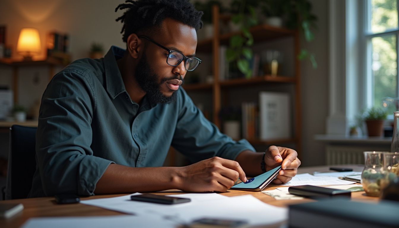 A man examines hardware wallets amidst scattered papers and cryptocurrency books at a cluttered table. Close-up of a young man with glasses working on a tablet at a desk in a cozy home office, surrounded by papers and tech gadgets, in natural daylight.