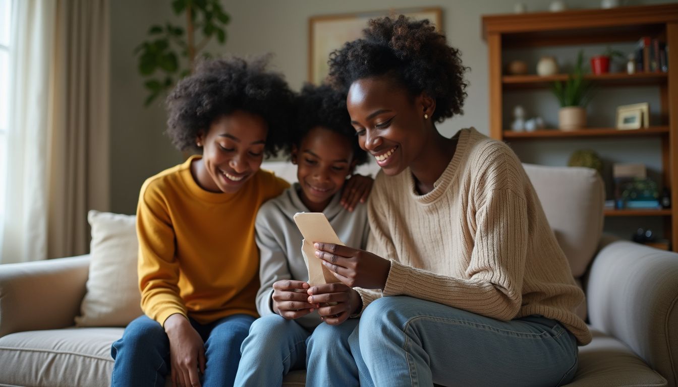 A family casually stores part of a seed phrase in their cozy, lived-in living room. Sharing family moments, mom and children enjoying using a smartphone together at home, capturing joy, bonding, and technology at the heart of family life.