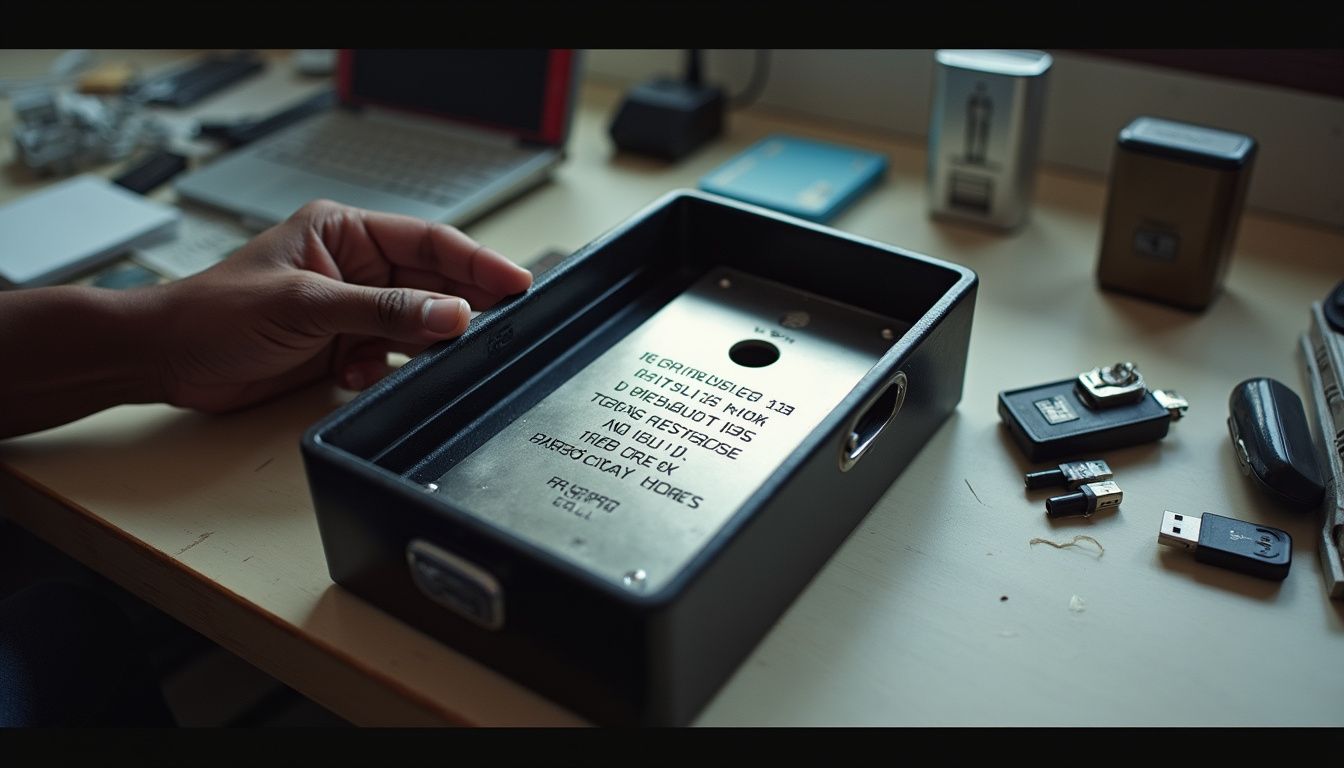 A metal plate with a seed phrase sits in a worn fireproof safe on a cluttered desk with USB drives. Custom electronic device with internal printed circuit board and various small tech components on desk.