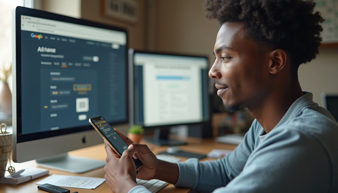 A person in their 30s sets up two-factor authentication on their phone at a cluttered home desk. A person using a smartphone with multiple computer screens displaying online login and security interfaces in the background.