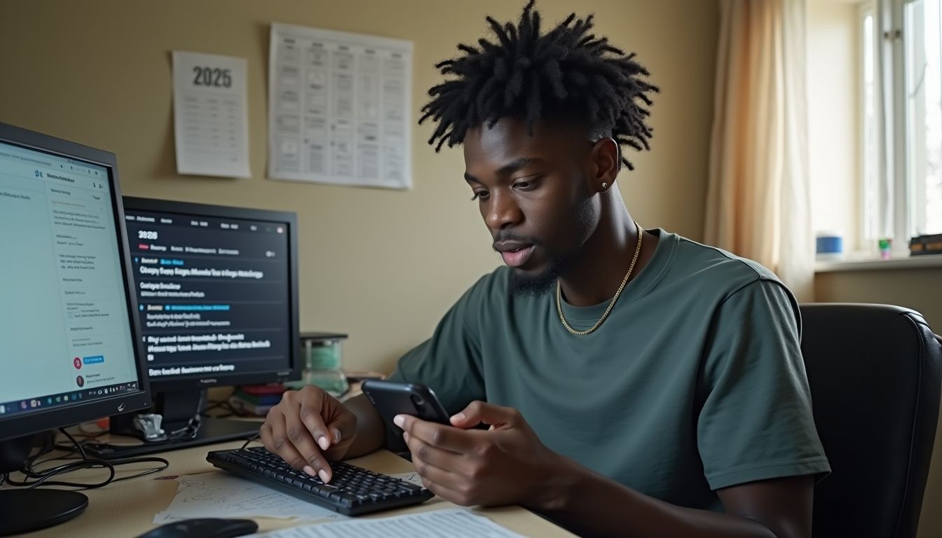 A young man is setting up a Ledger Nano X hardware wallet at a cluttered desk while focused on crypto news. Young man using smartphone while working at home with dual computer monitors, one displaying emails and the other social media, in a cozy, well-lit office space.
