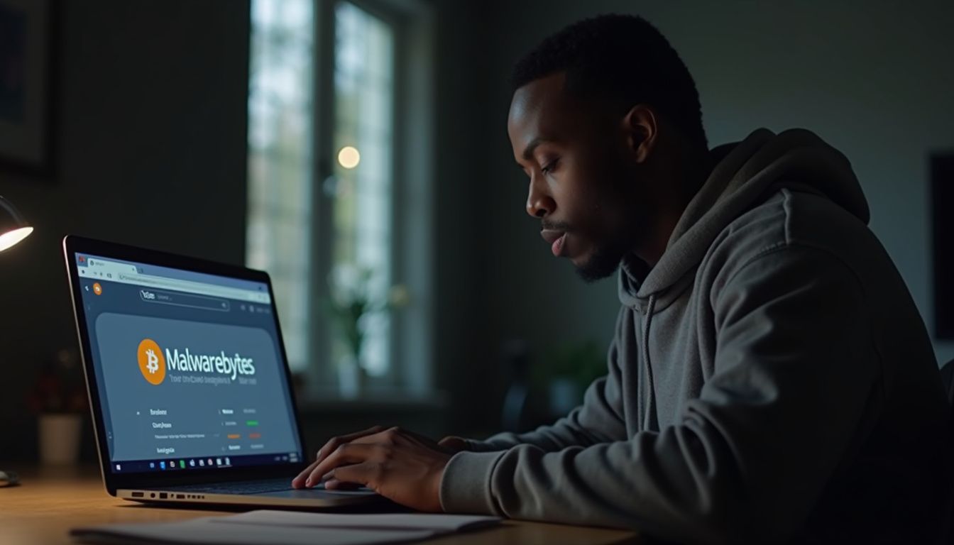 A man casually updates his Bitcoin wallet on his laptop at a cluttered desk. Malwarebytes cybersecurity software on laptop screen.