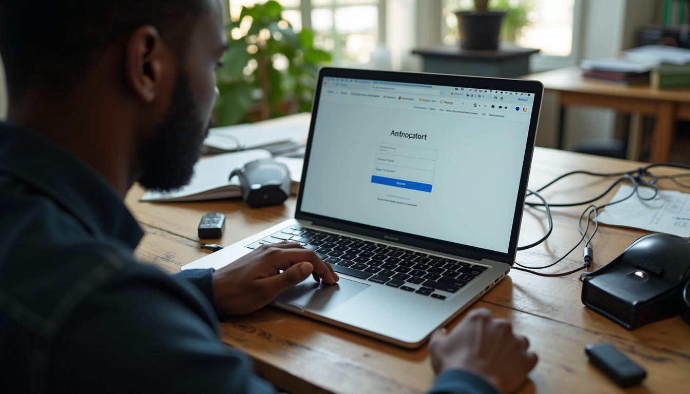 A focused individual is at a casual desk with a laptop and security gadgets for cryptocurrency trading. Dark-skinned man using a laptop in a modern workspace with natural light, focusing on login screen.