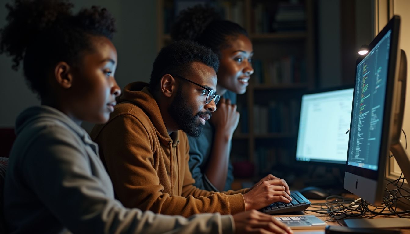 A family collaborates at home to set up a firewall on their computer amidst a cluttered workspace. A family collaborates at home to set up a firewall on their computer amidst a cluttered workspace.