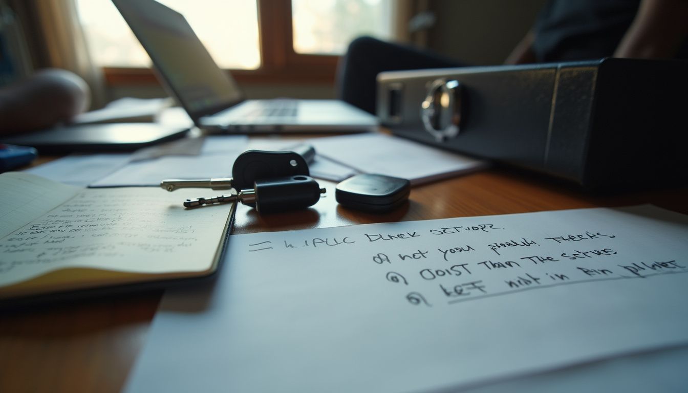 A cluttered desk features papers, USB drives, and a locked safe with visible recovery phrases and private keys. Keyless entry remote on desk with handwritten notes and laptop in background, office workspace, technological gadgets, remote control, writing, productivity, modern workspace.