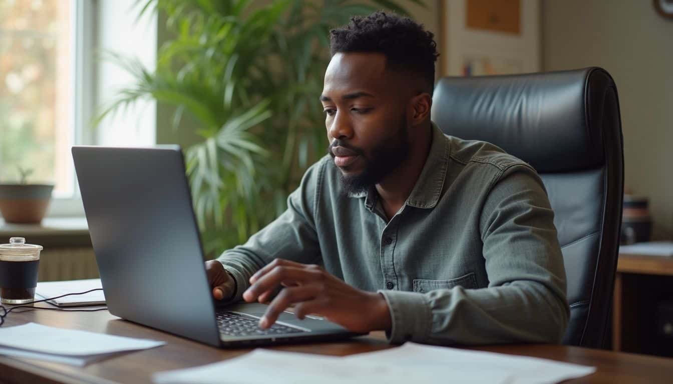 A relaxed individual works at a cluttered desk, focused on cryptocurrency wallets on their laptop, with papers and coffee nearby. Focused man working on a laptop at a desk in a modern office setting with greenery in the background, emphasizing technology and productivity.