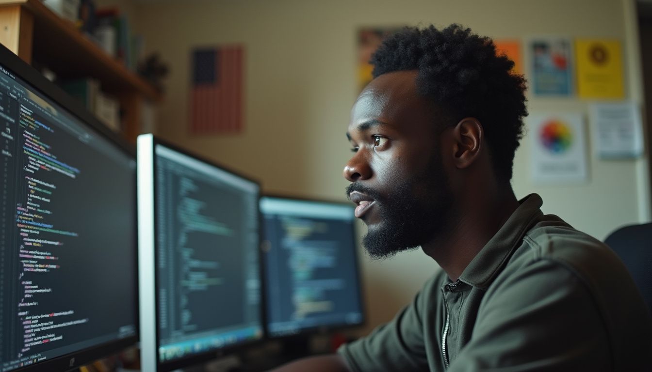 A man casually works at a cluttered desk, focused on his computer screen filled with code. Highly detailed close-up of a programmer coding on dual monitors in a tech workspace, with focus on modern coding screens and a professional working environment.