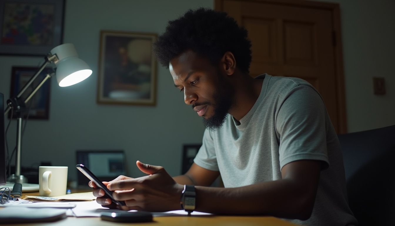 A man in his 30s sits at a cluttered desk, tiredly examining a small cold wallet device. Brightly lit workspace with young man focused on smartphone, surrounded by work materials, emphasizing productivity and modern technology use for optimal performance.